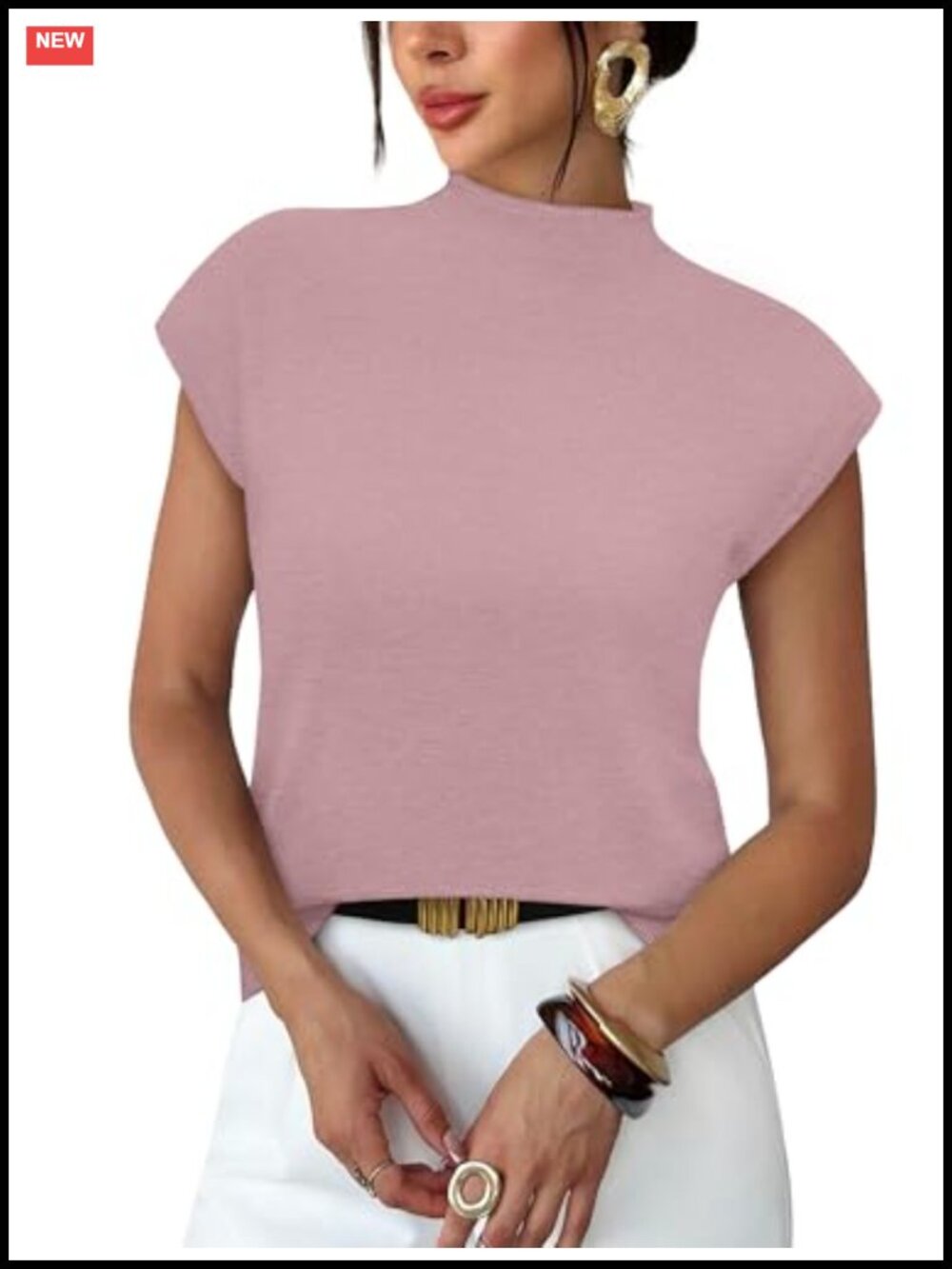 Womens Cap Sleeve Sweater Blouse Mock Neck Knit Top Office Vacation Essential